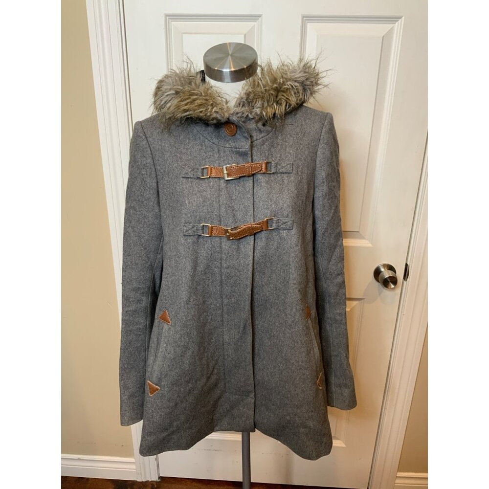 Cartonnier Gray Wool Blend Zip-Up Coat W/ Faux Fur Trim Hood & Toggles, Size 8